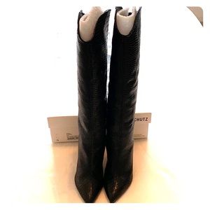 Schutz Maryana Black Croc Embossed Leather Boot